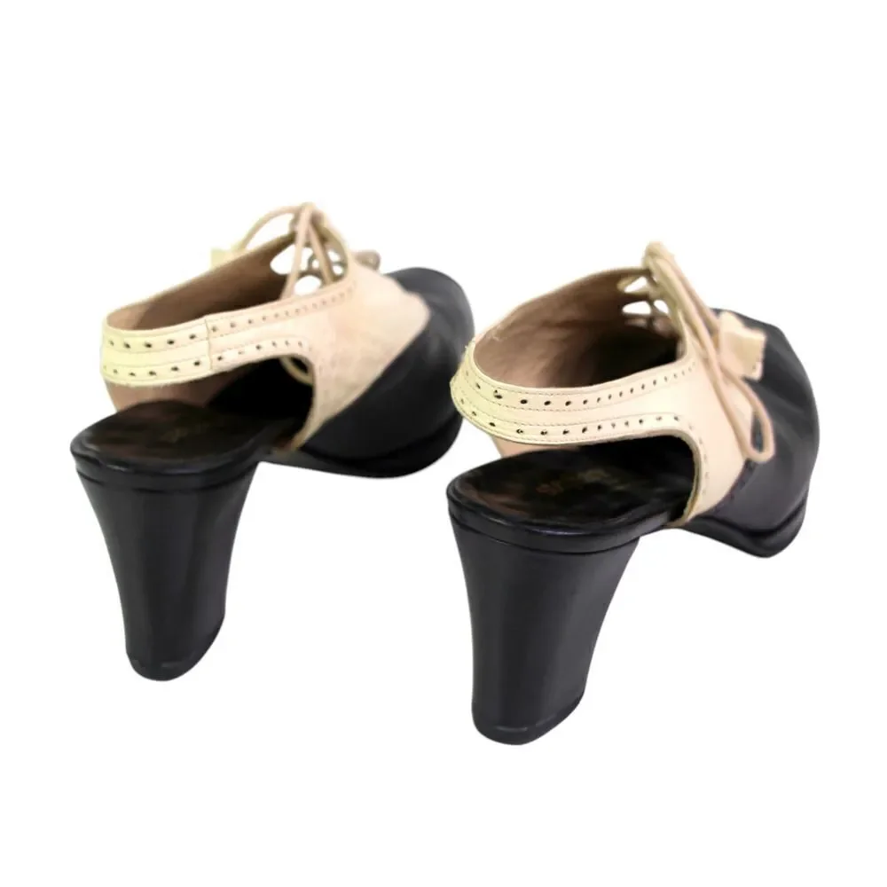 Stephane Kelian BLACK BEIGE LEATHER MID HEEL OPEN TOE LACE SLINGBACK SANDALS 5